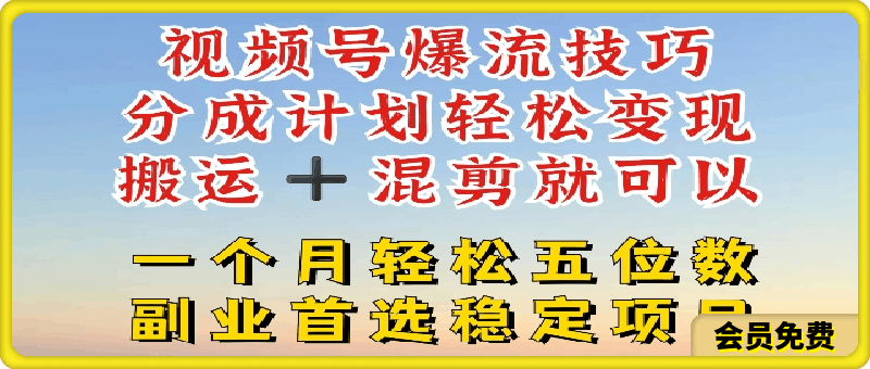 视频号爆流技巧，分成计划轻松变现，搬运  混剪就可以，一个月轻松五位数稳定项目【揭秘】-云创库